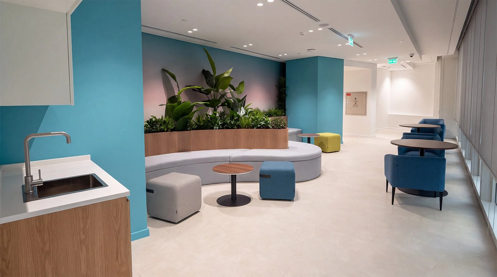 Campus communal area with curved seating, small tables and indoor planting.