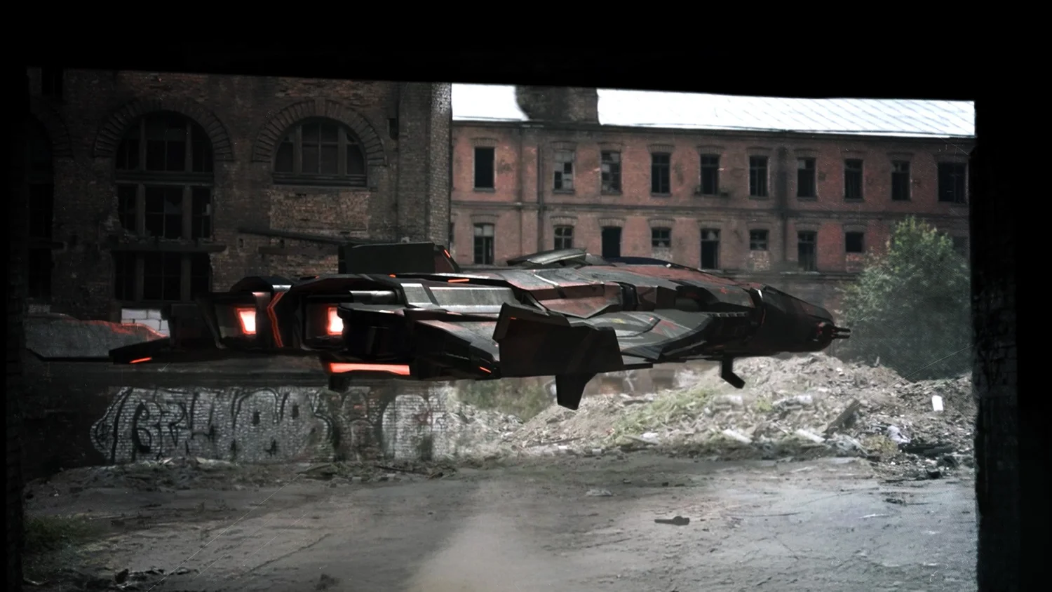 Futuristic vehicle hovering in a ruined urban environment.