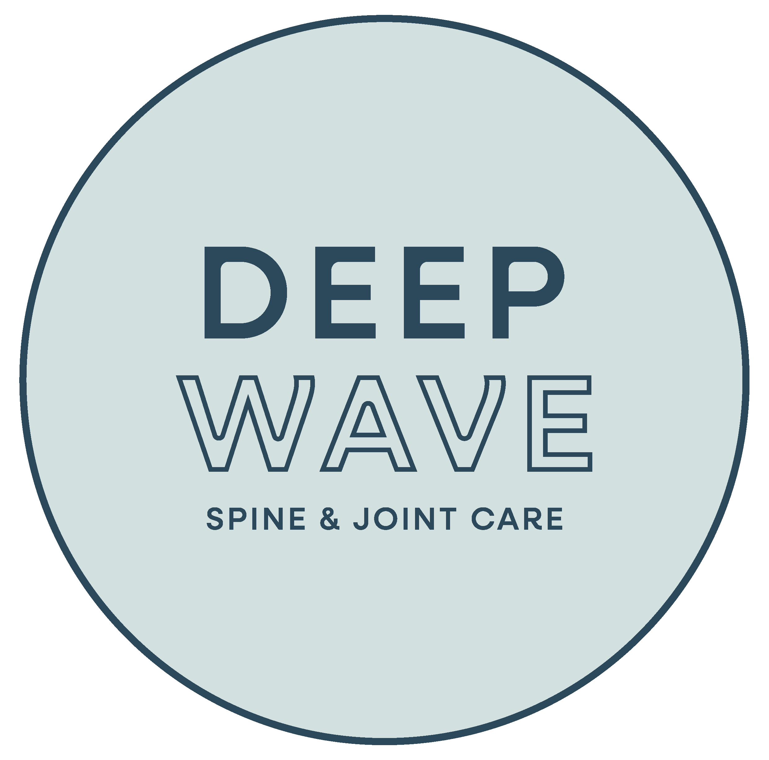 Close-up of a circular sign with a dark border and light background, that reads 'DEEP WAVE SPINE & JOINT CARE' in dark blue text.