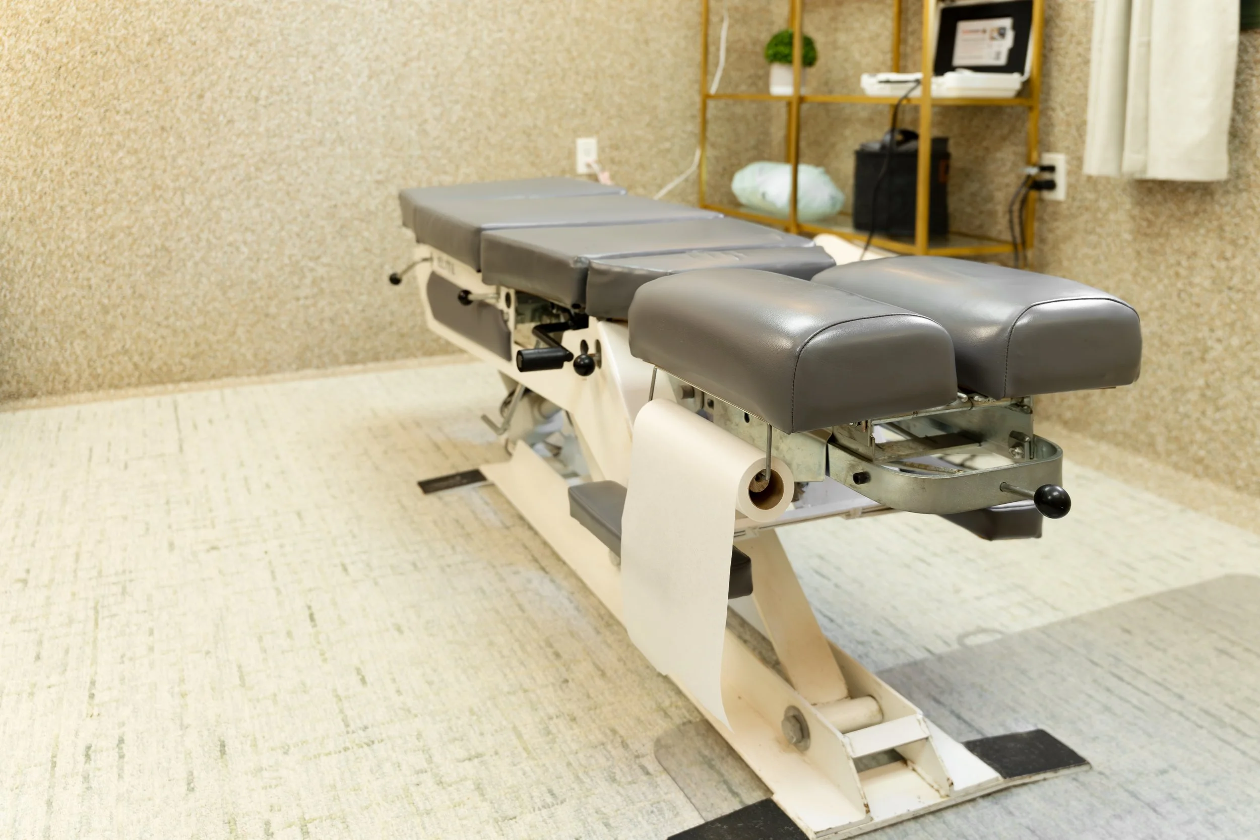 Medical examination or therapy table with cushioned surface in a room with beige carpet, bookshelves, potted plant, computer, and electrical outlets.