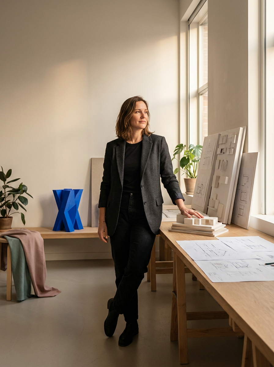 A woman in a dark blazer and black pants standing in a well-lit office space, looking out the window with architectural models and blueprints on the desk.