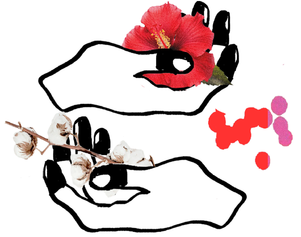 Decorative illustration hands with red hibiscus flowers, cotton stems, and colorful paint swatches