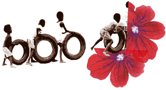 Illustration of children playing with old car tyres with red hibiscus flowers overlapping the right side