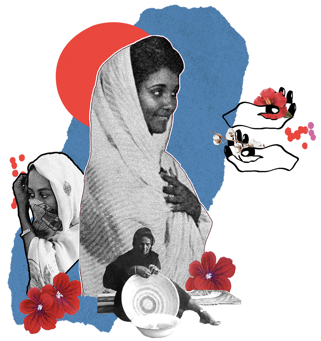 Collage of women in headscarves, including a central portrait, surrounded by coluorful abstract shapes and flowers