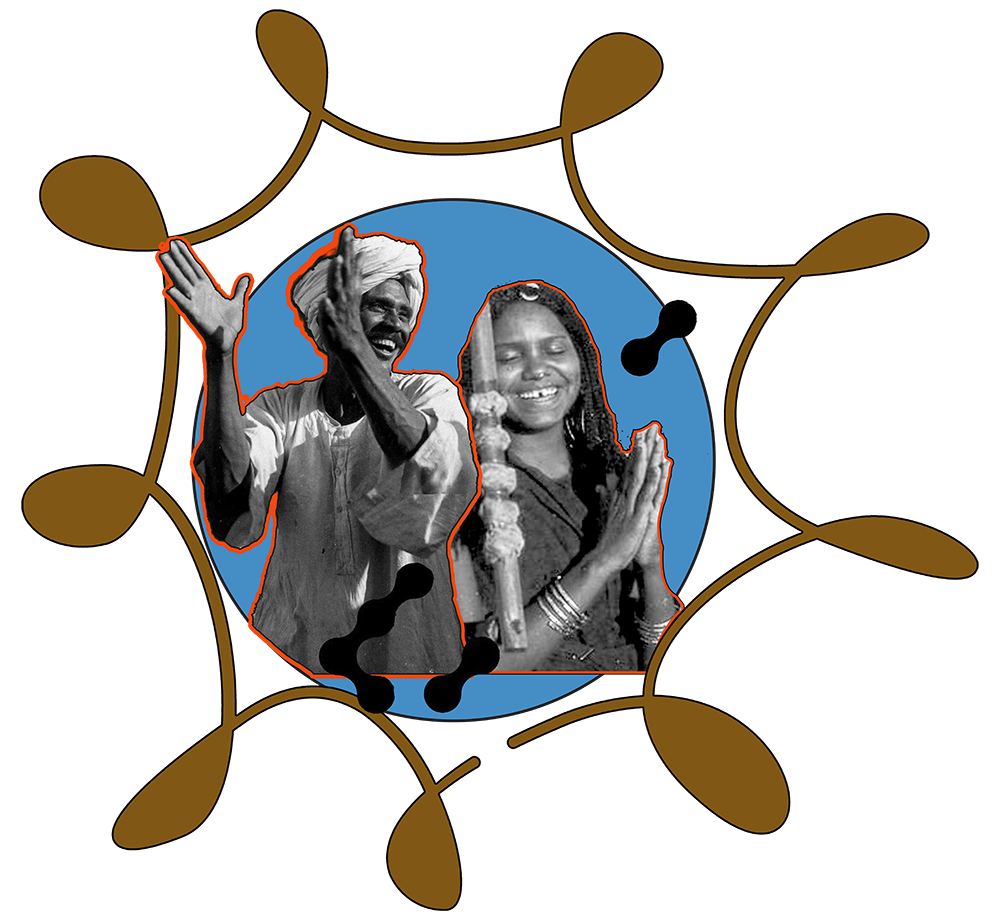 Collage of two smiling people clapping, surrounded by abstract brown curves and colorful geometric shapes