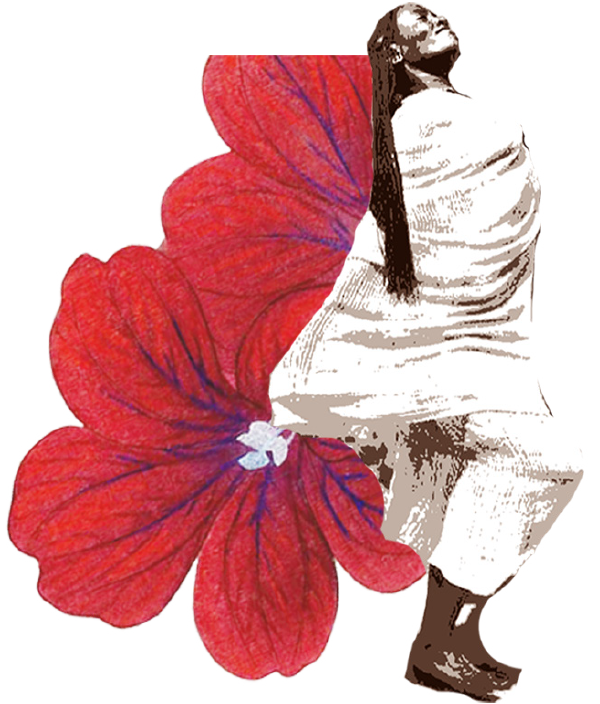 Illustration of a person in a white robe beside a large red flower