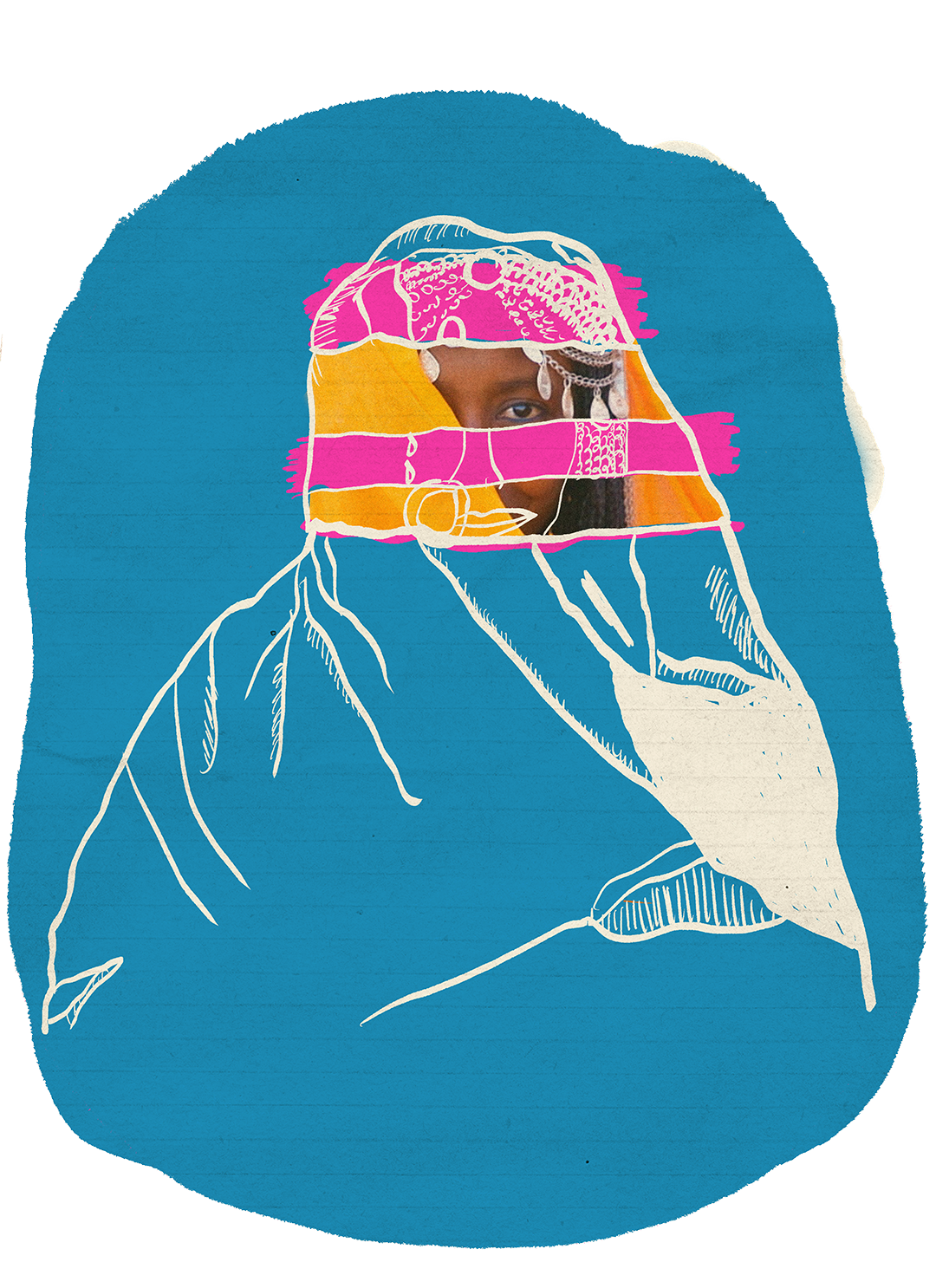 Illustration of a veiled woman in colorful patterned headwear against a blue textured background
