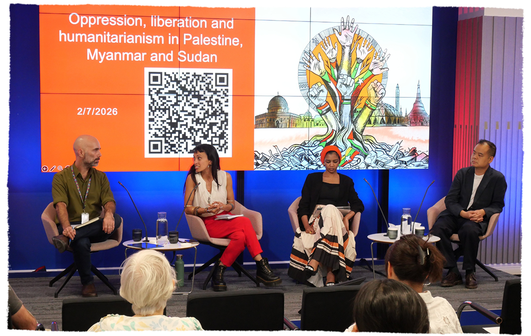 Panel discussion on oppression, liberation, and humanitarianism in Palestine, Myanmar, and Sudan, with four speakers seated beneath a presentation slide and artwork.