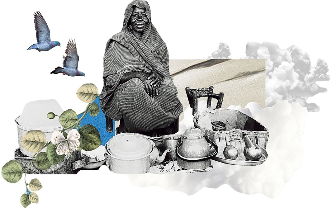 Vintage collage featuring a smiling woman in a shawl, tea service, flying birds, flowers, and clouds