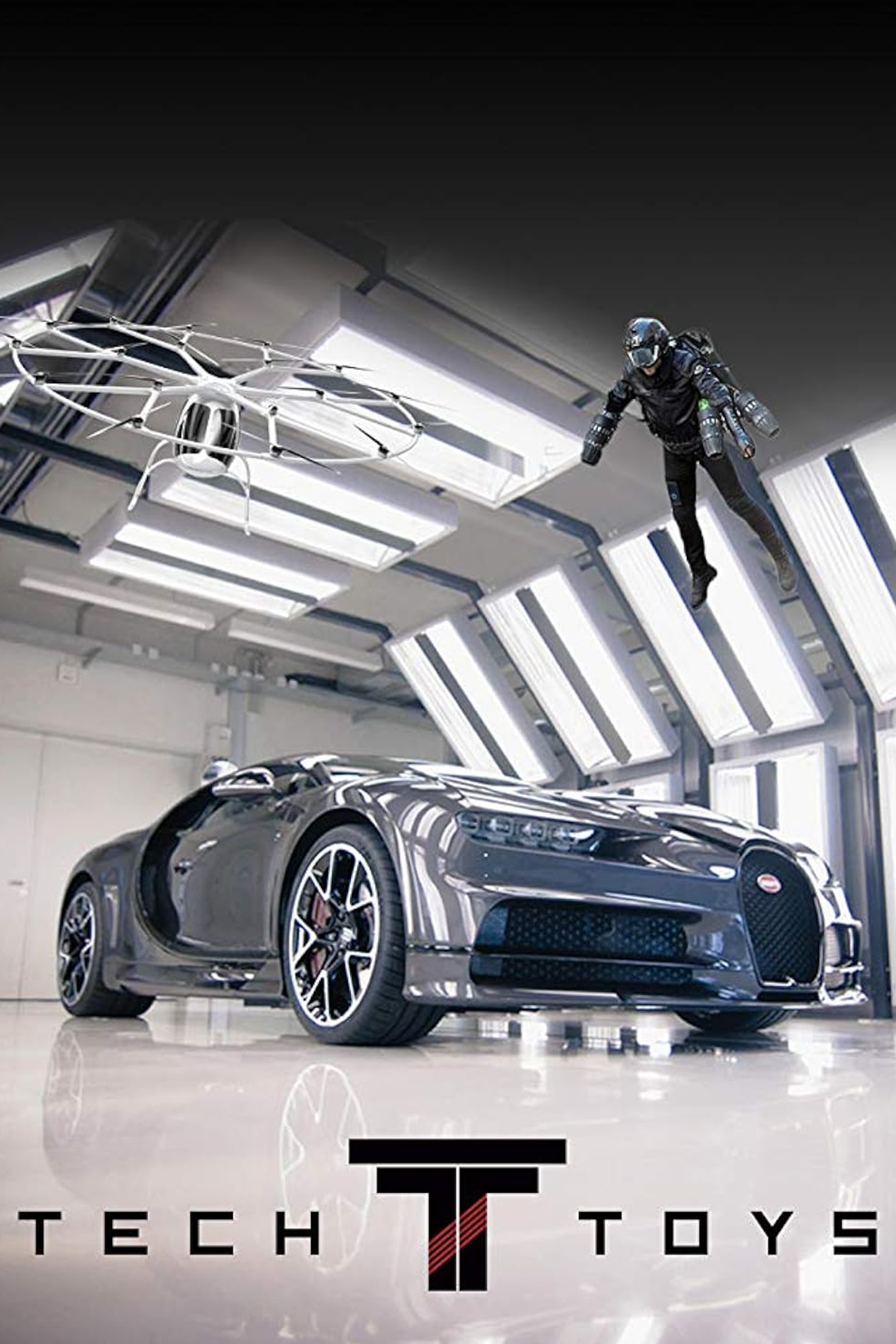 A black high-tech robot flying above a silver luxury sports car in a garage with modern lighting, with the words 'Tech Toys' at the bottom.