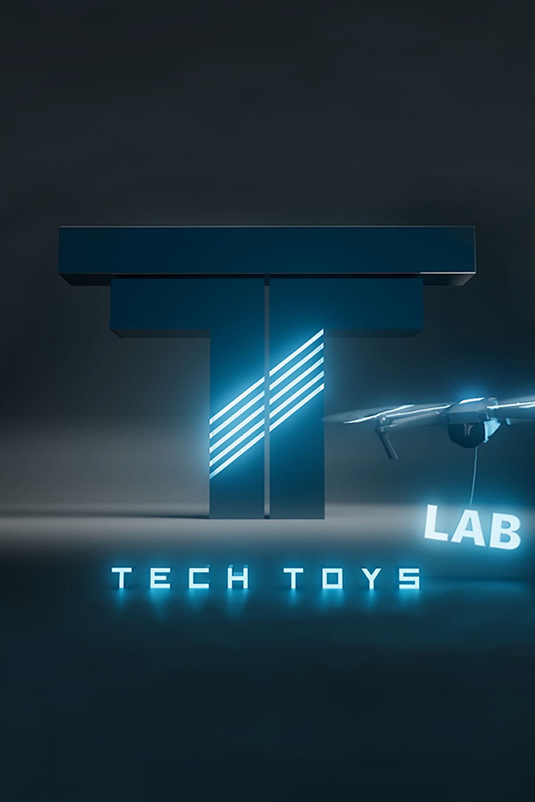 Futuristic digital graphic with the words 'TECH TOYS' and 'LAB' and an abstract neon-lit logo design.