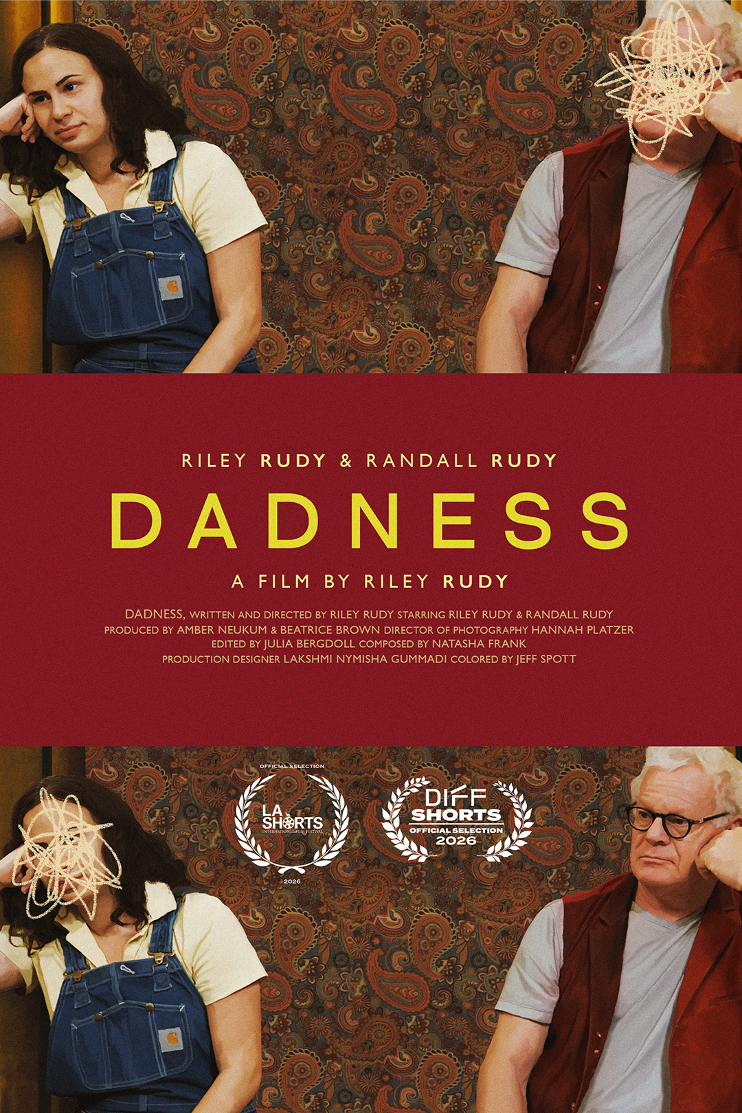 Poster for the film "Dadness" featuring two people sitting against a patterned wallpaper on either side of a red title banner with yellow text. The woman on the left wears a yellow shirt and blue overalls, looking pensive. The man on the right wears glasses, a gray shirt under a red vest, and has scribbles over his face.