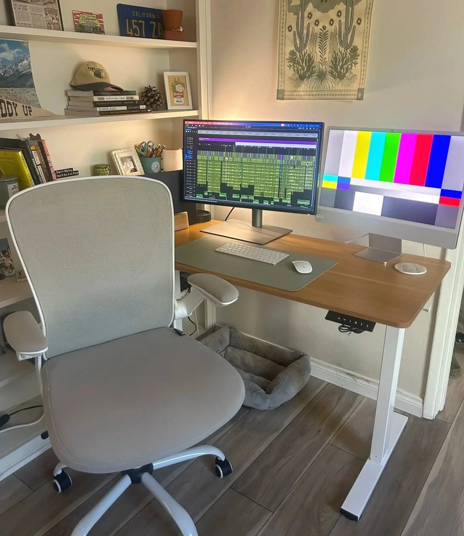 Home office setup with two computer monitors, a white ergonomic chair, a desk, a pet bed, and a bookshelf. The right monitor displays a color test pattern, and the center monitor shows a digital audio workstation.