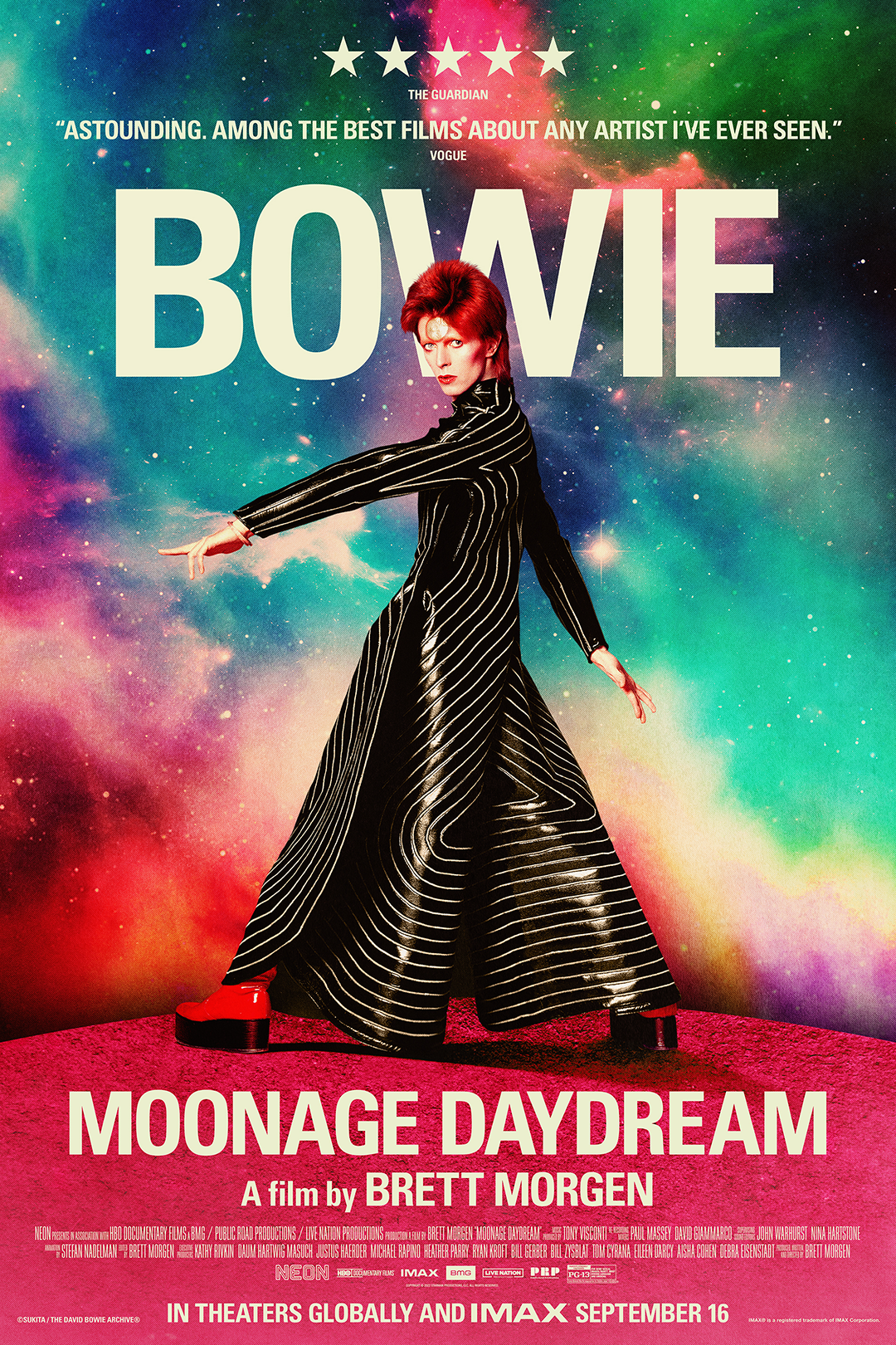 Movie poster for 'Moonage Daydream' featuring David Bowie in a black and white striped outfit with red hair, set against a colorful cosmic background.