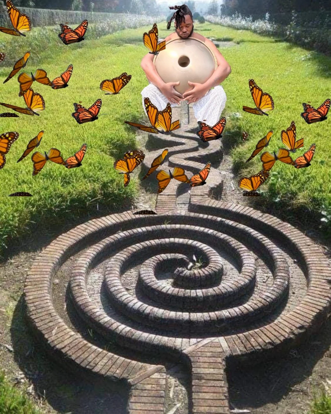 A person sitting on a spiral brick path in a garden, holding a steel drum in front of their chest, with colorful butterflies flying around.