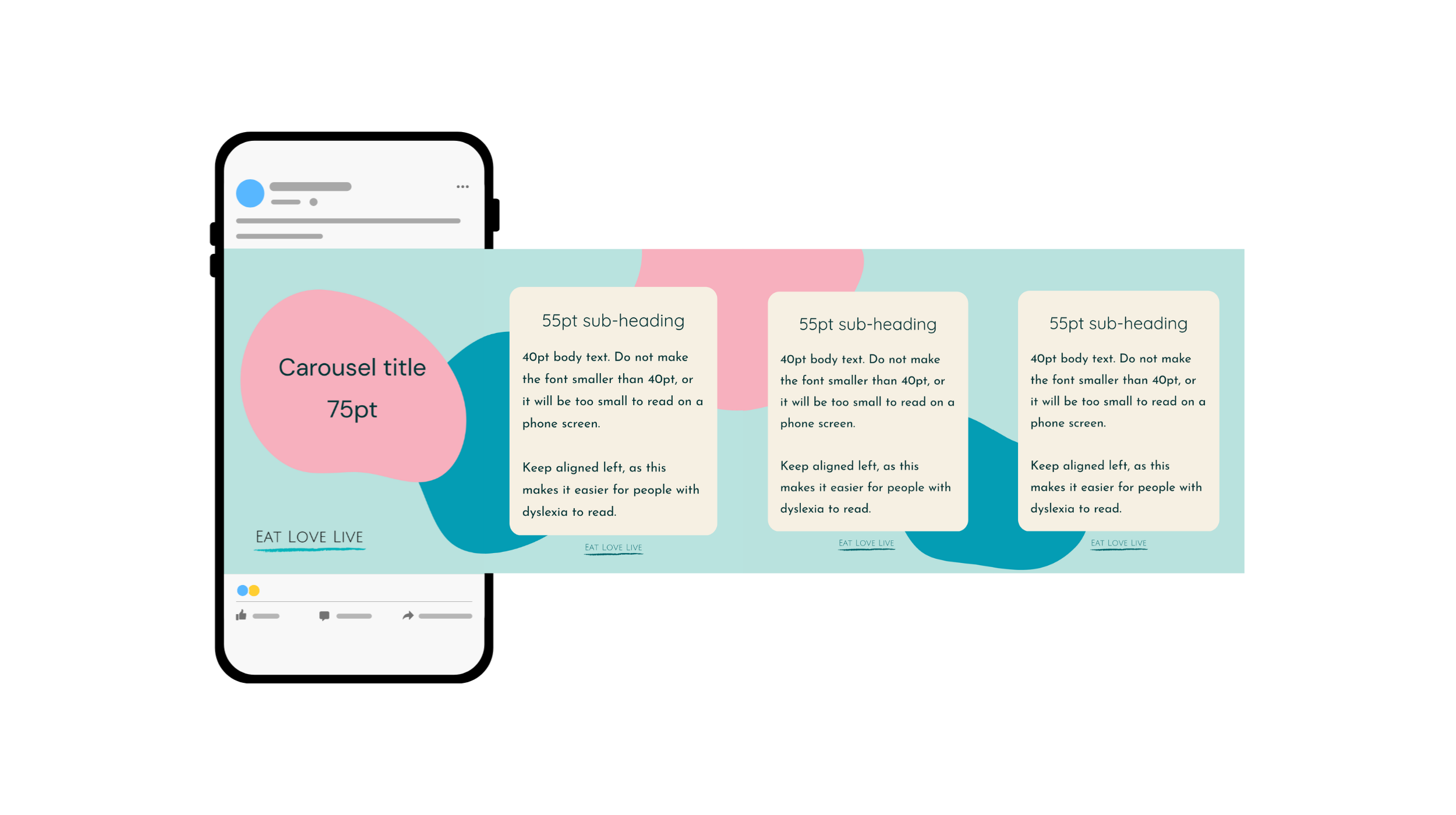 A phone mockup of a seamless social media carousel in teal, pink and cream, showing a 75pt title, 55pt sub-headings and 40pt body text aligned left for easier reading.