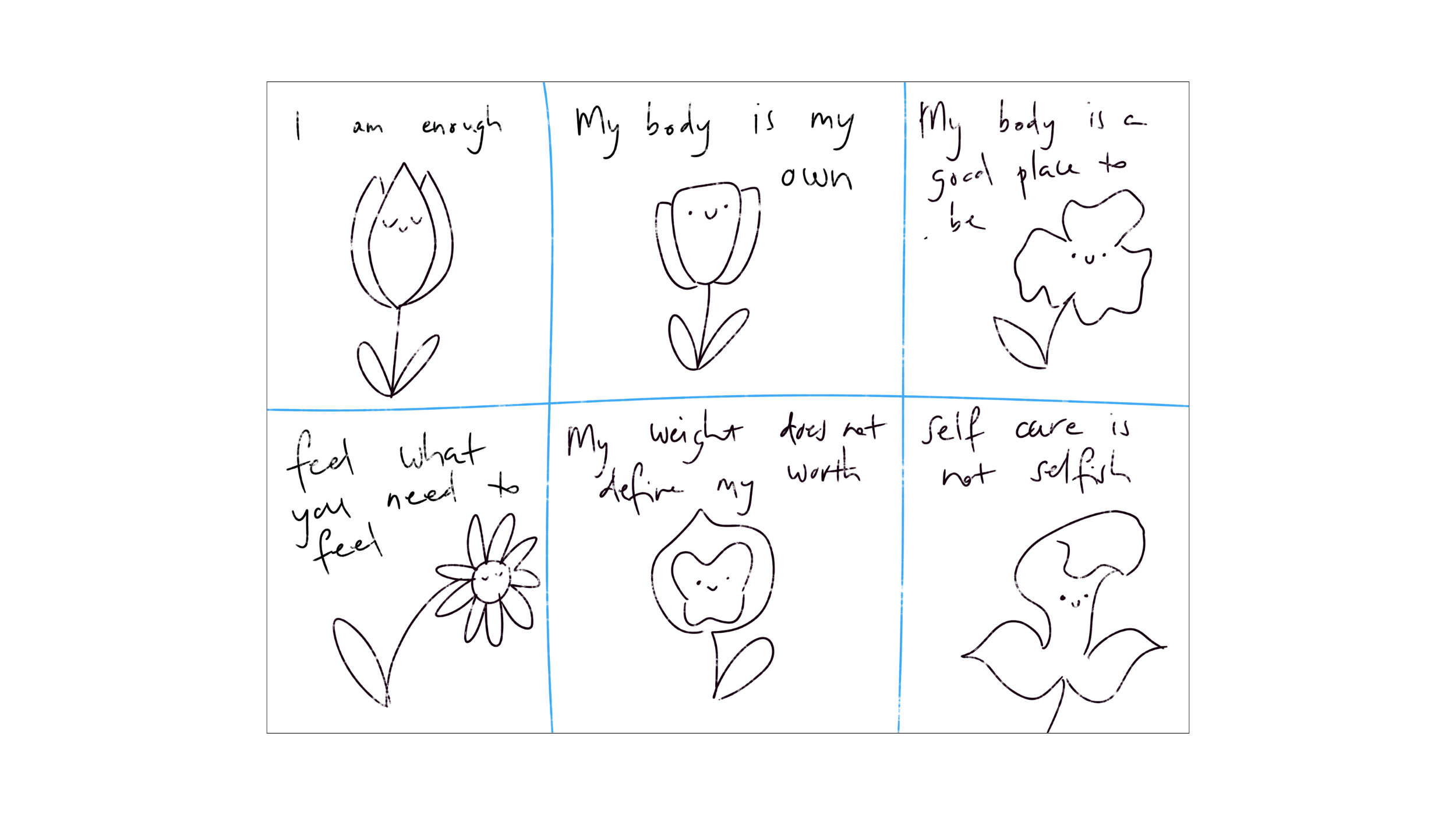 Hand-drawn concept sketches of six smiling flower characters, each paired with an affirmation such as ‘I am enough’