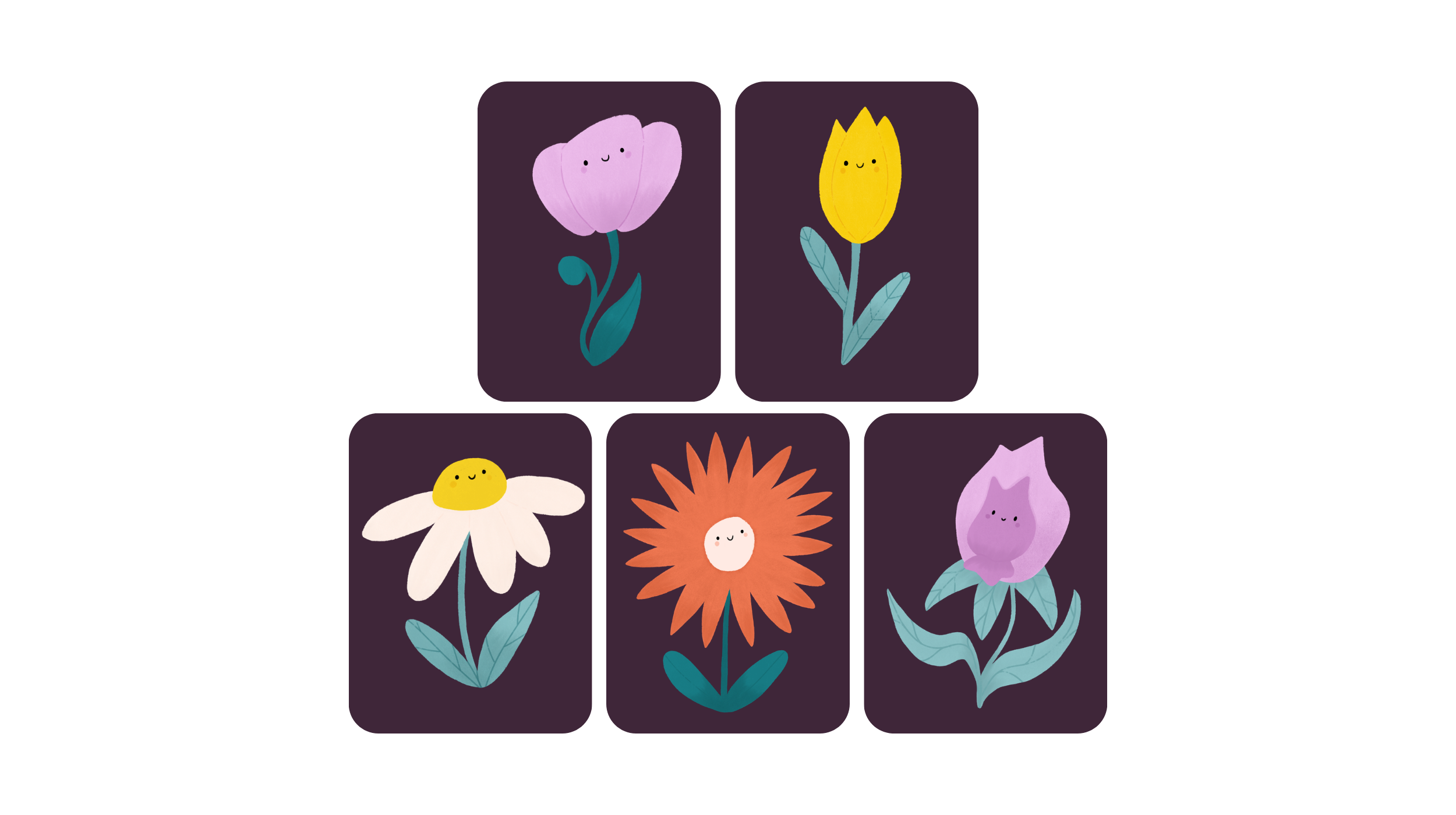 Five custom flower illustrations for Eat Love Live: a pink camellia, yellow tulip, white daisy, orange gerbera and lilac pansy