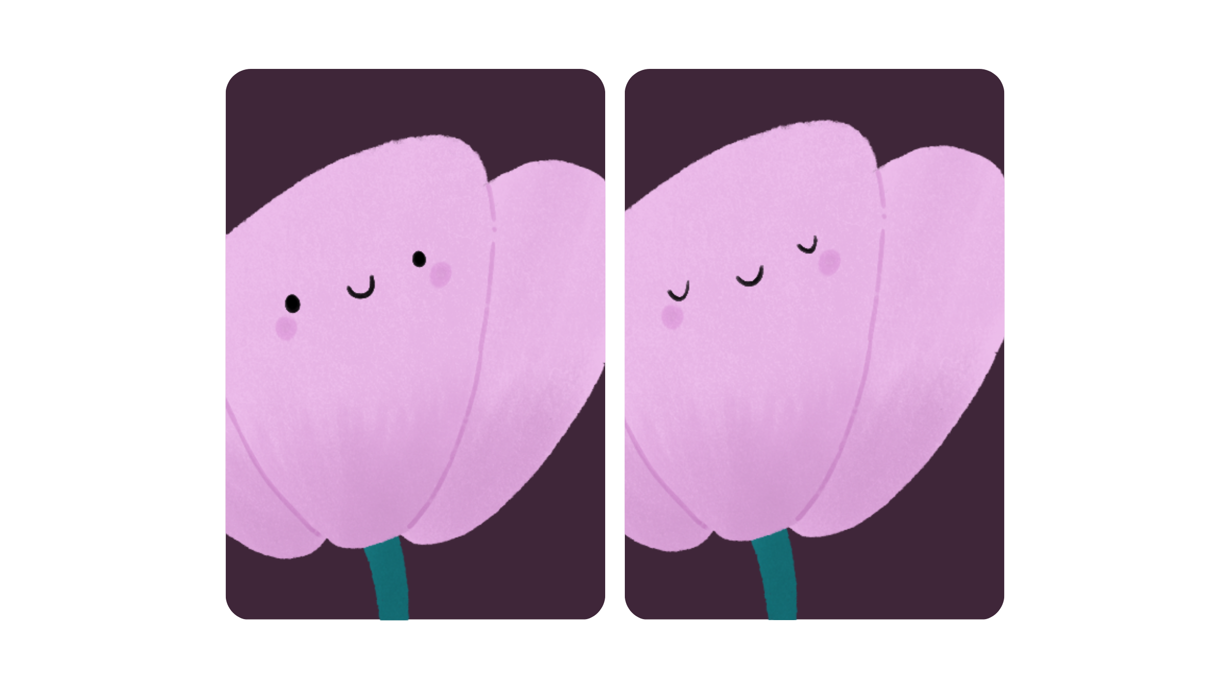 Close-up of a pink camellia character in two expressions, eyes open and eyes closed