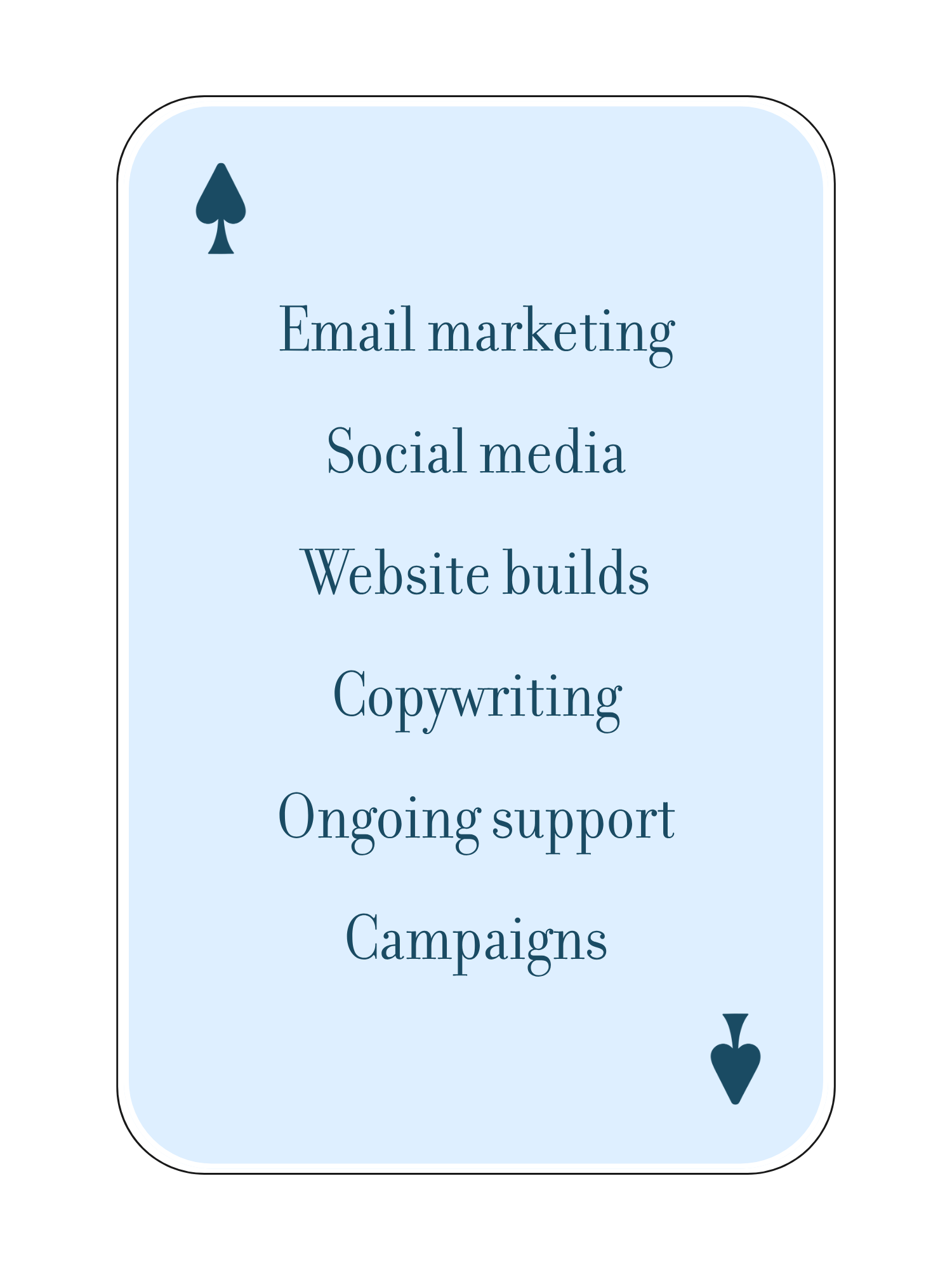 Pale-blue playing card marked with spade symbols, listing Jac Money's services: email marketing, social media, website builds, copywriting and ongoing support.