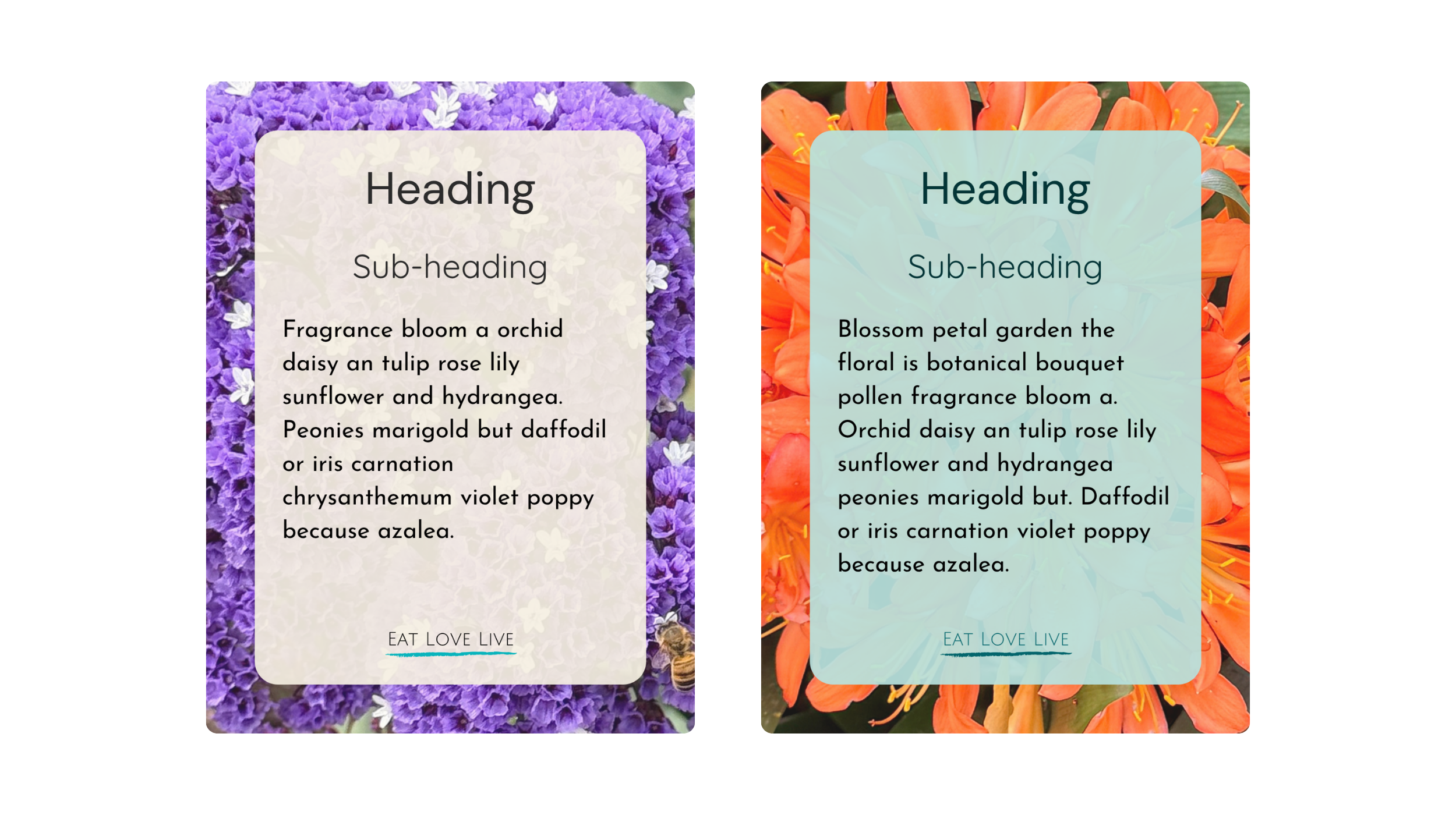 Two long-form Canva templates for Eat Love Live, with heading, sub-heading and body text on soft panels over purple and orange flower photography.