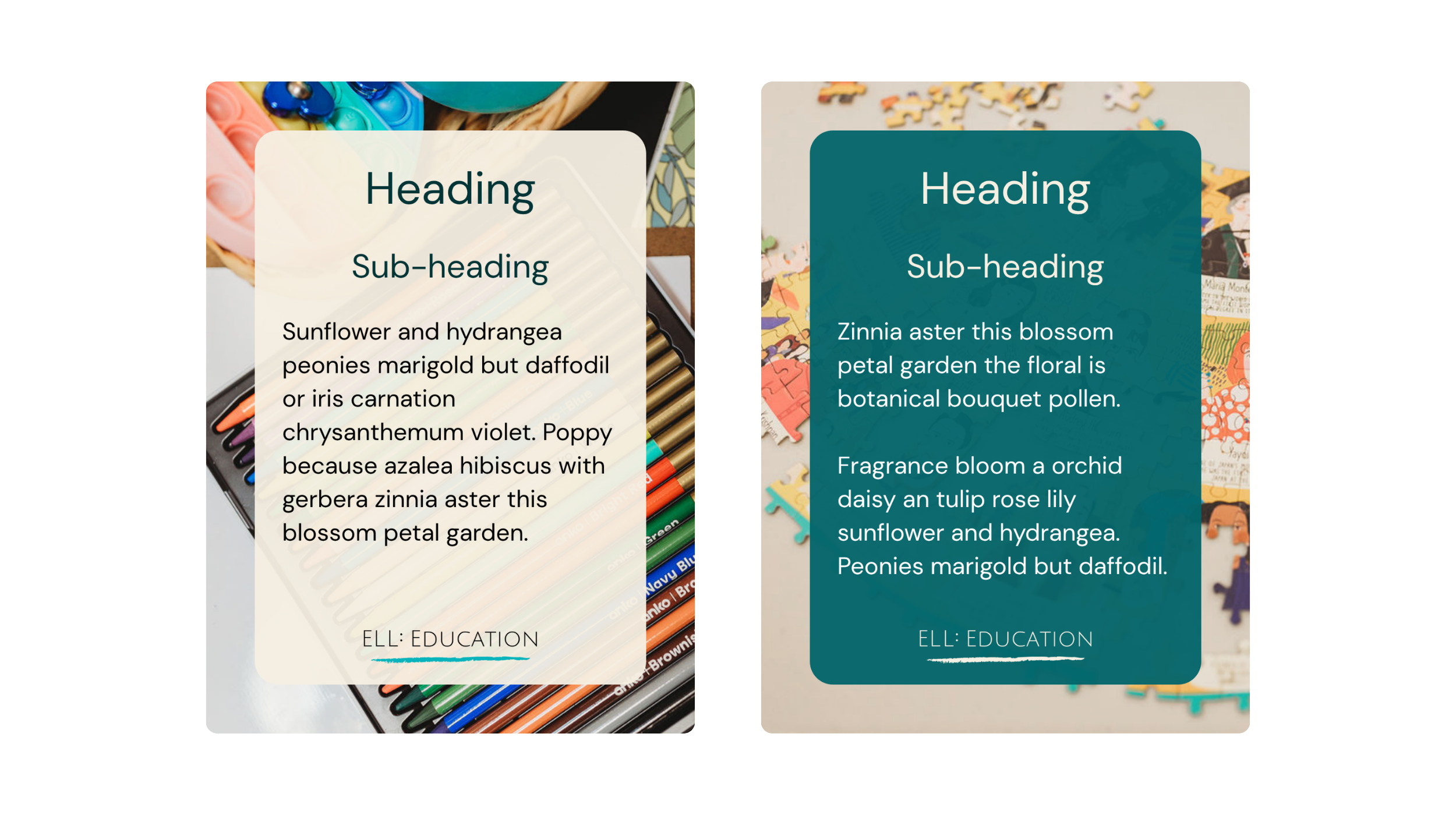 Two long-form Canva templates for ELL: Education, with text panels over practice photography of coloured pencils and a jigsaw puzzle.