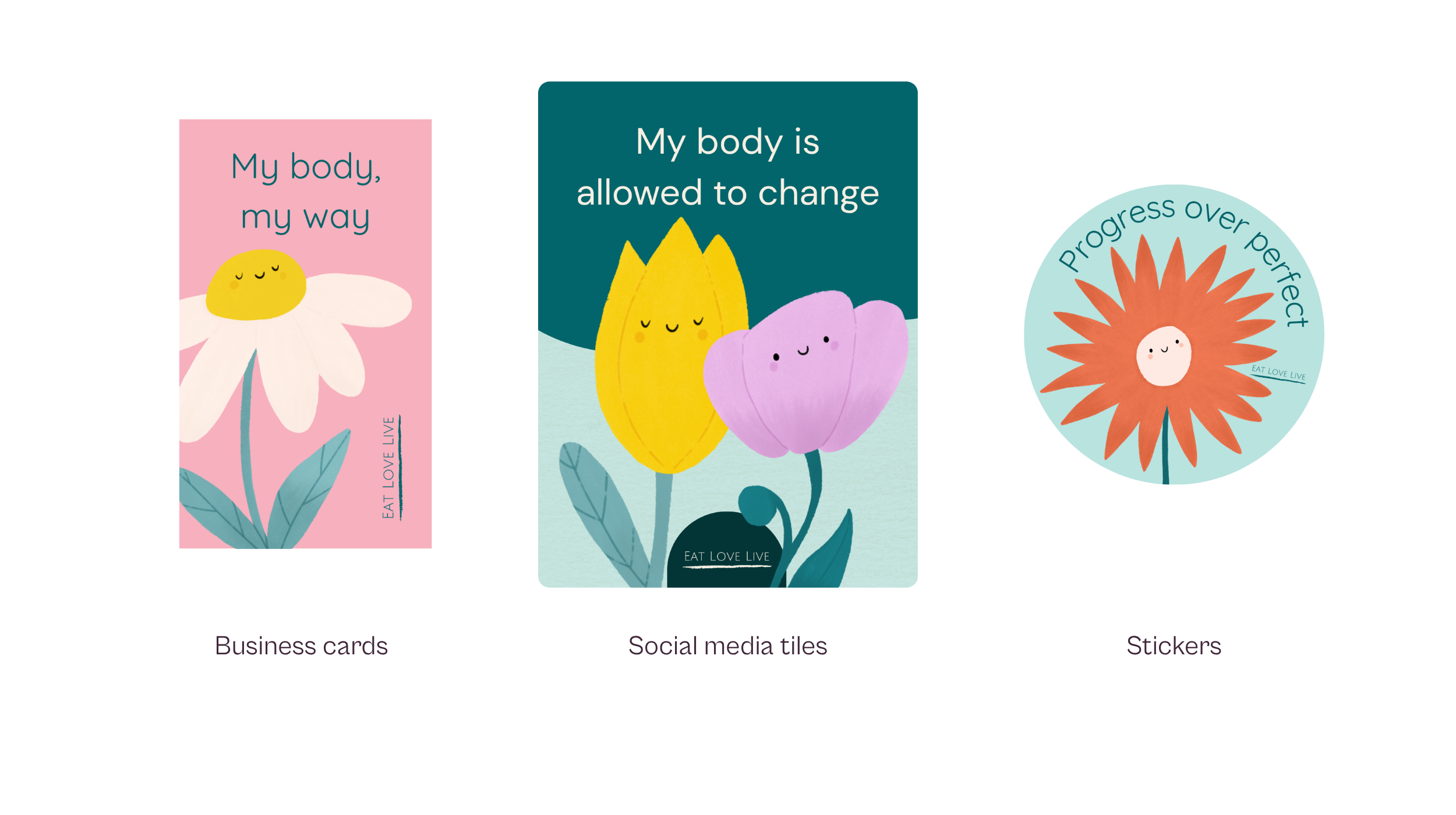 Eat Love Live sticker, business card and social media tile featuring custom flower illustrations