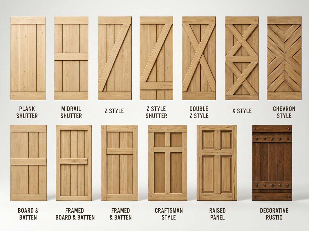 Various styles of wooden doors, including plank shutter, midrail shutter, Z style, Z style shutter, double Z style, X style, chevron style, board and batten, framed board and batten, craftsman style, raised panel, and decorative rustic, arranged in two rows with labels.
