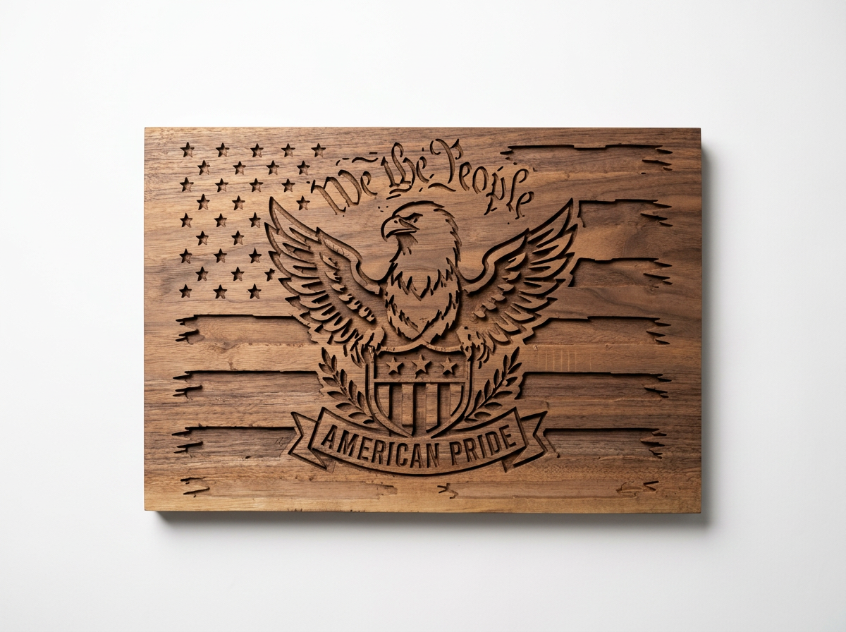 Wooden plaque with carved American eagle, stars, and stripes, featuring the words "We The People" and "American Pride."