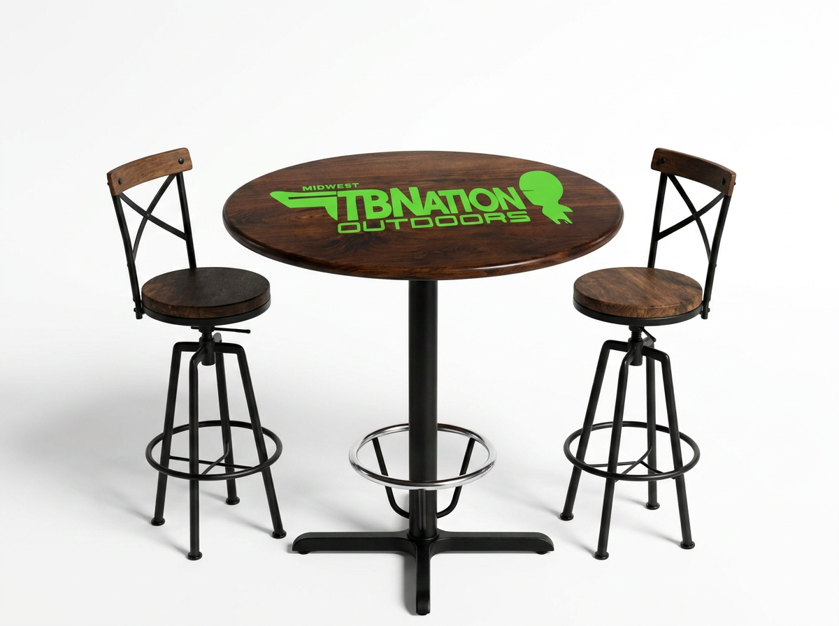Wooden table with logo and two barstools