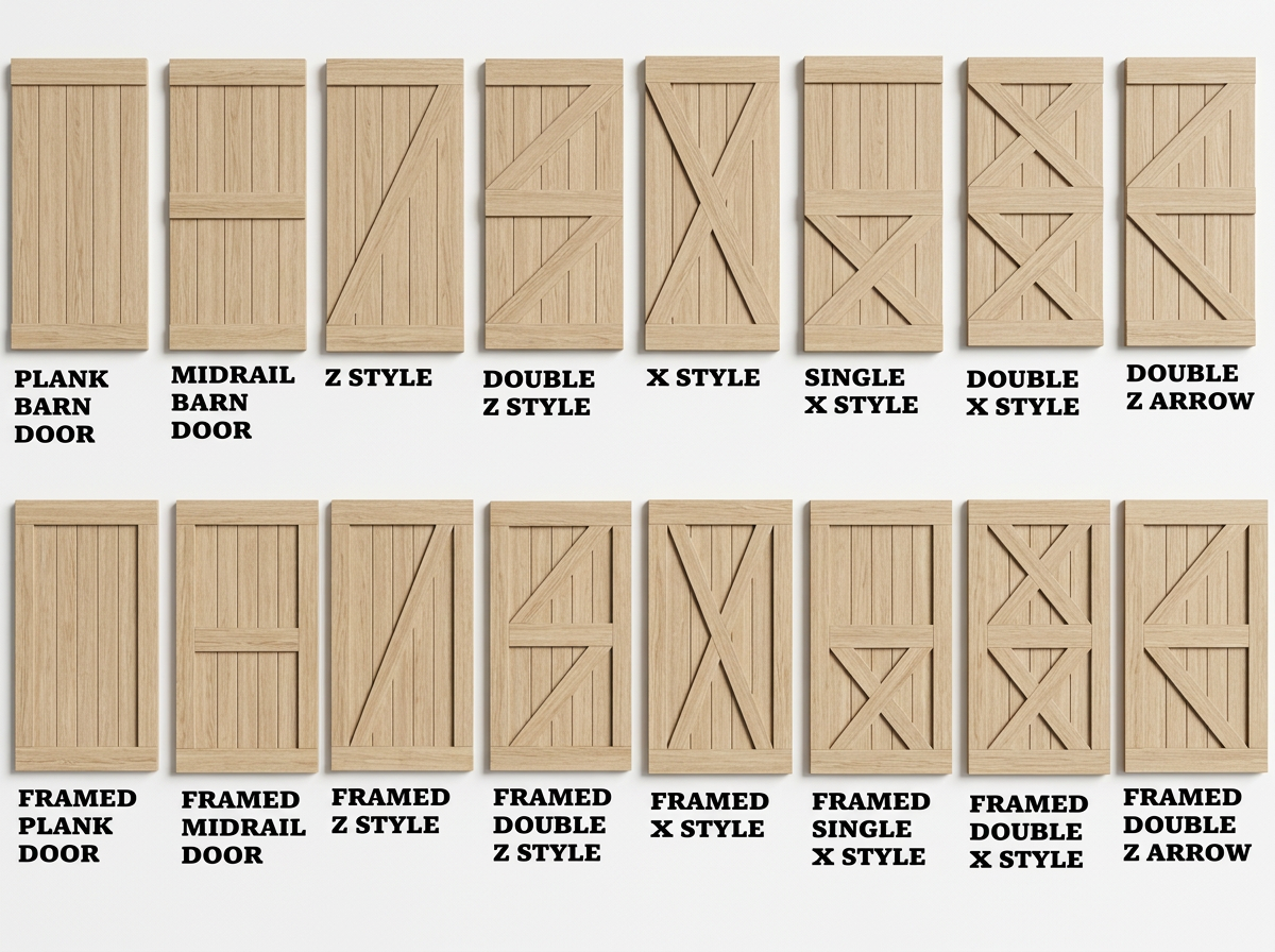 Arrangement of barn doors showing different styles and framing options, including plank, midrail, Z style, double Z style, X style, single X style, double X style, and double Z arrow, with a bottom row of framed versions of each style.