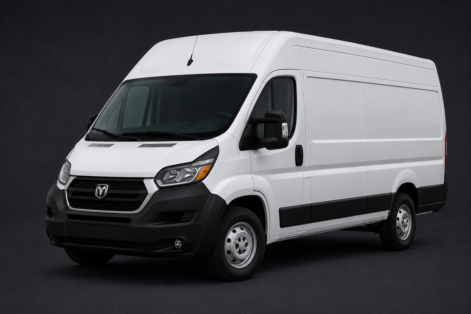 A white cargo van with black front bumper, side mirrors, and wheel arches, set against a dark background.