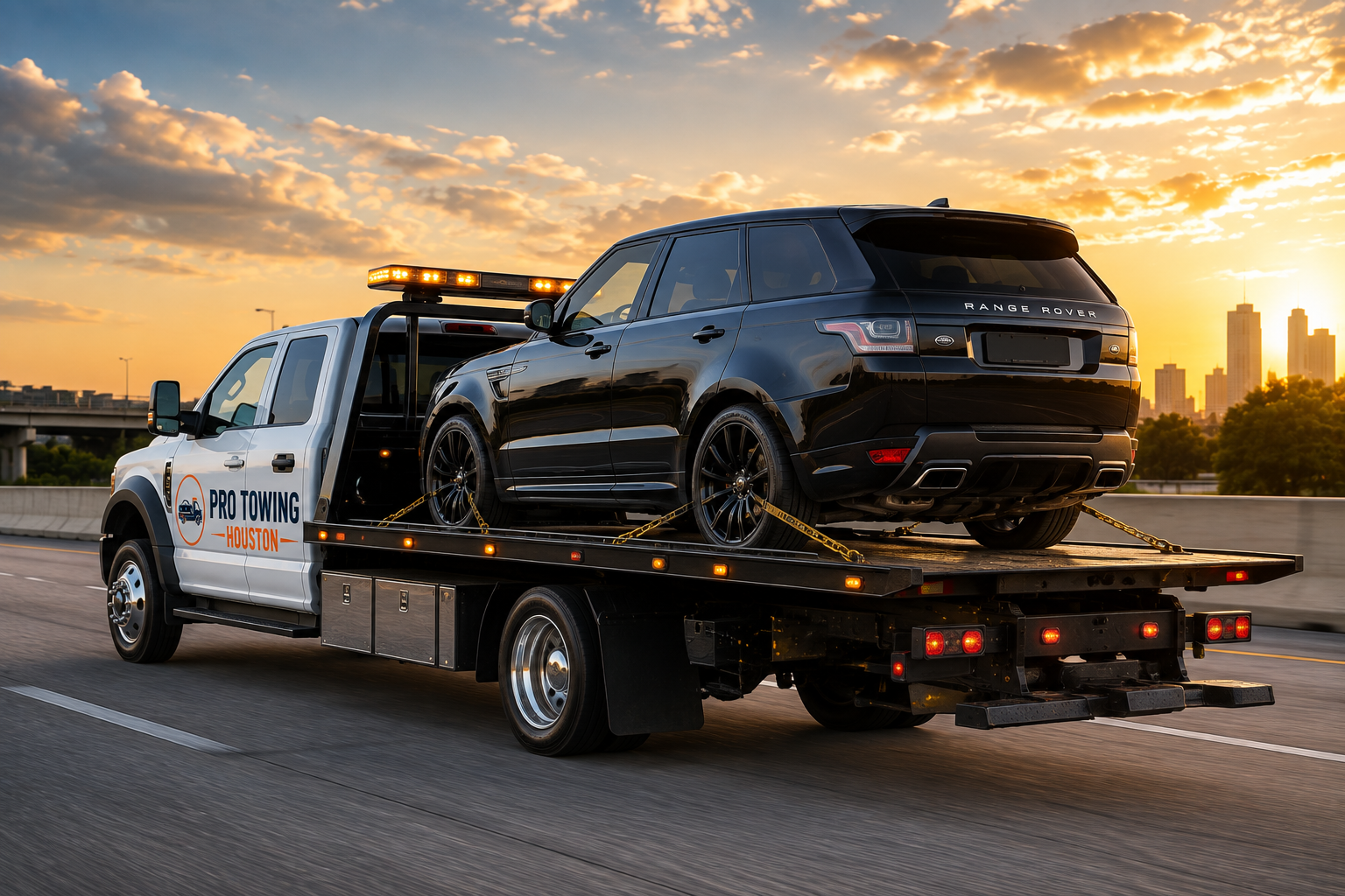 A flatbed tow truck from Pro Towing Houston transporting a black Range Rover on a highway at sunset with a city skyline in the background.