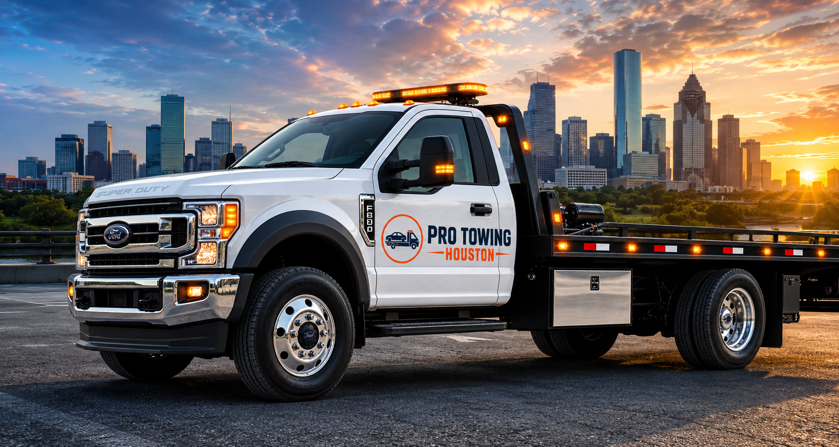 White tow truck with 'Pro Towing Houston' logo on the side, parked on a city street at sunset, with a skyline of tall buildings and a colorful sky in the background.