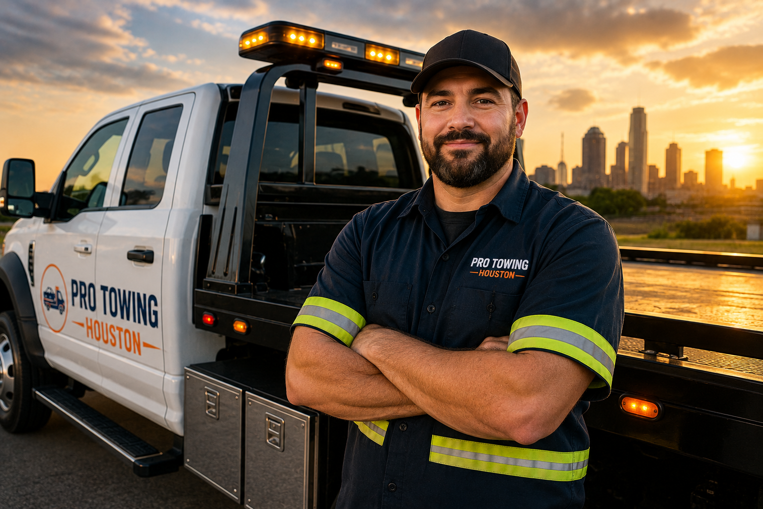A smiling tow truck driver with arms crossed, dressed in a navy uniform with yellow reflective stripes and the logo 'Pro Towing Houston' on the shirt. He stands in front of a white tow truck with city skyline and sunset in the background.
