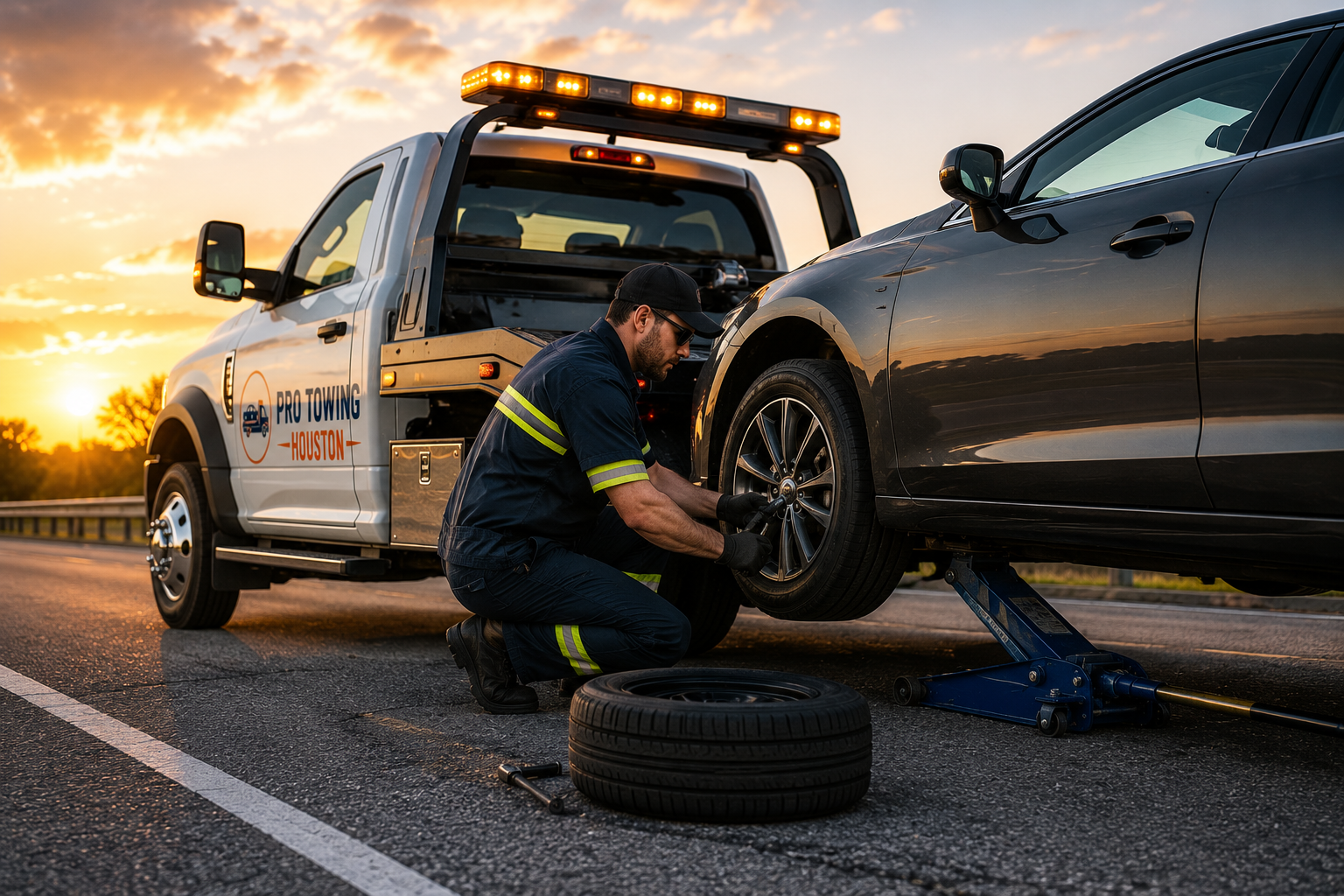 A tow truck operator changing a car tire on the highway during sunset.