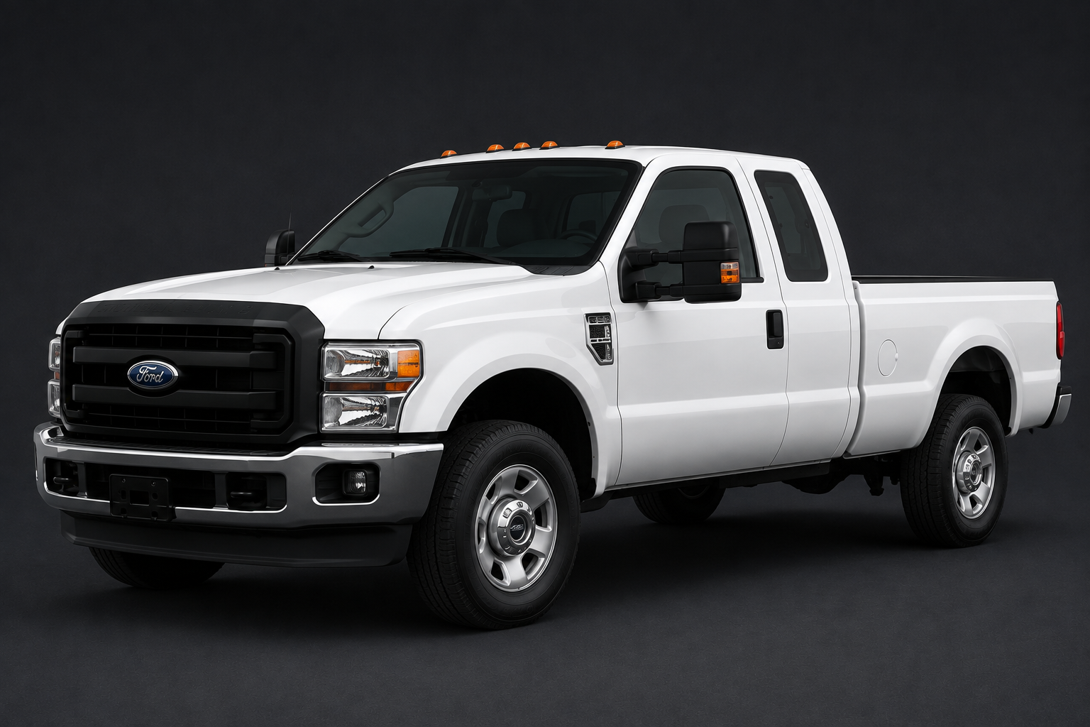 White Ford truck with a black grille and extended cab, set against a dark background.