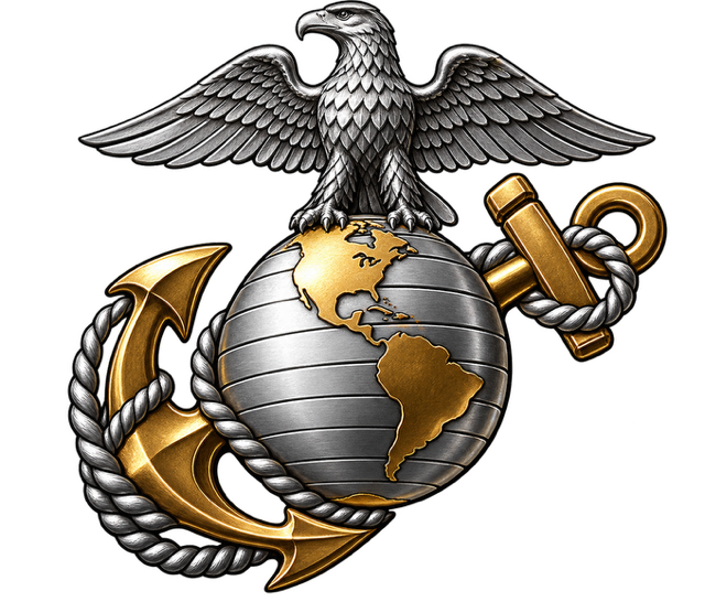 U.S. Marine Corps emblem featuring an eagle perched on a globe with North and South America, surrounded by an anchor and rope.