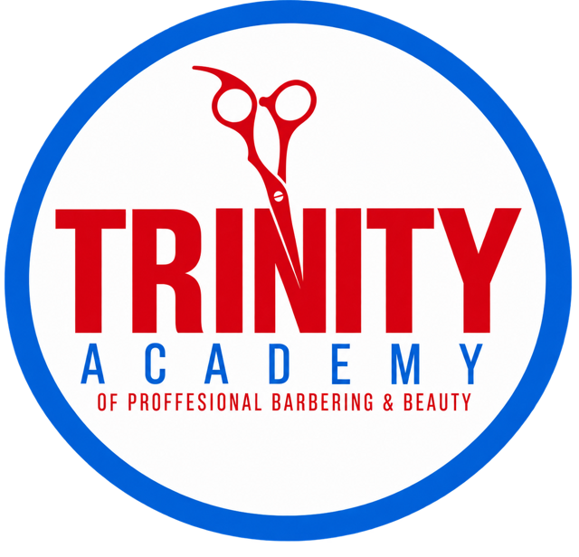 Logo for Trinity Academy of Professional Barbering & Beauty, featuring red scissors above the words Trinity in red, with blue letters spelling Academy and a slogan in red underneath.