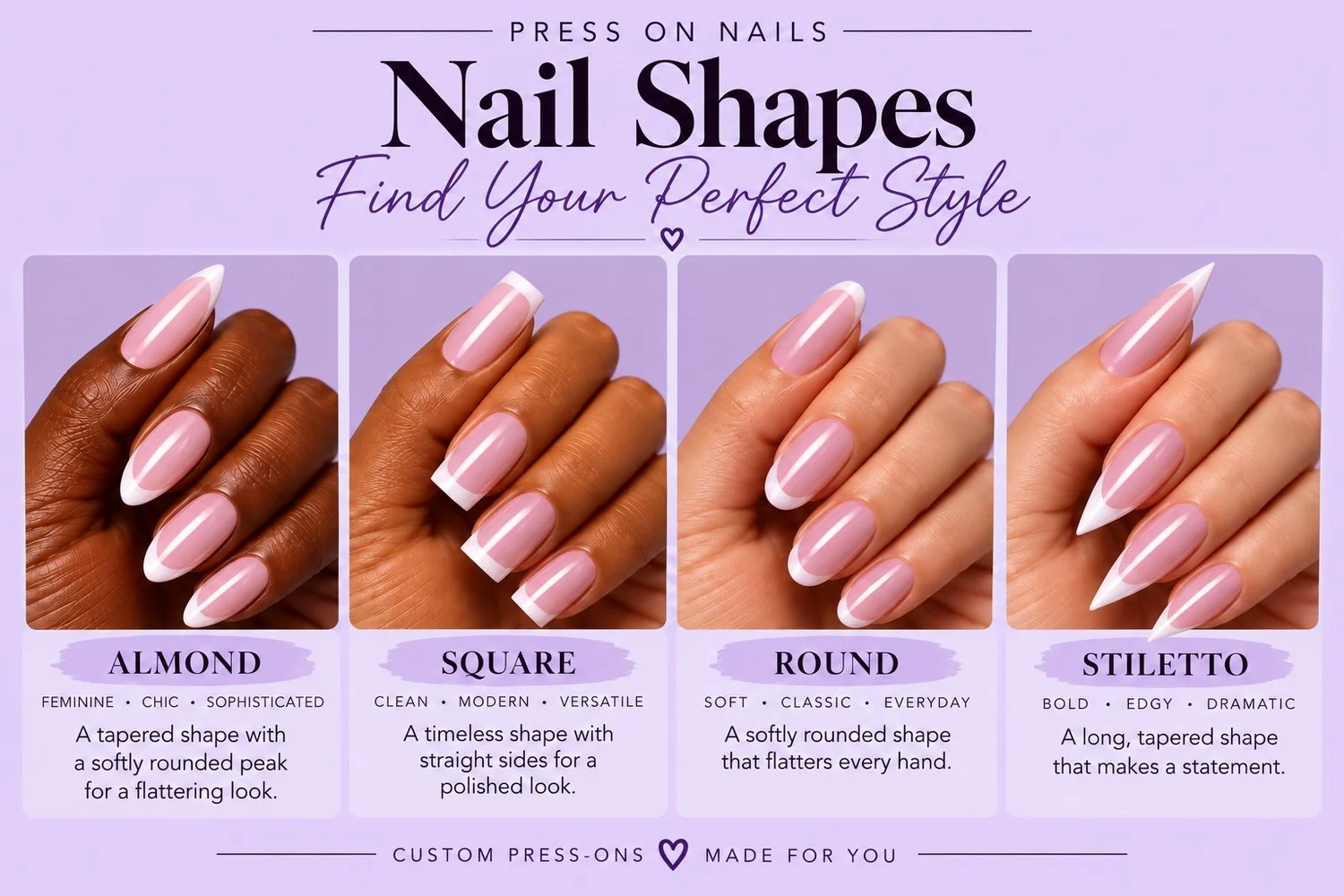 Nail shapes guide: almond (tapered with a softly rounded peak), square (straight sides, flat edge), round (softly rounded, flatters every hand) and stiletto (long, tapered point).