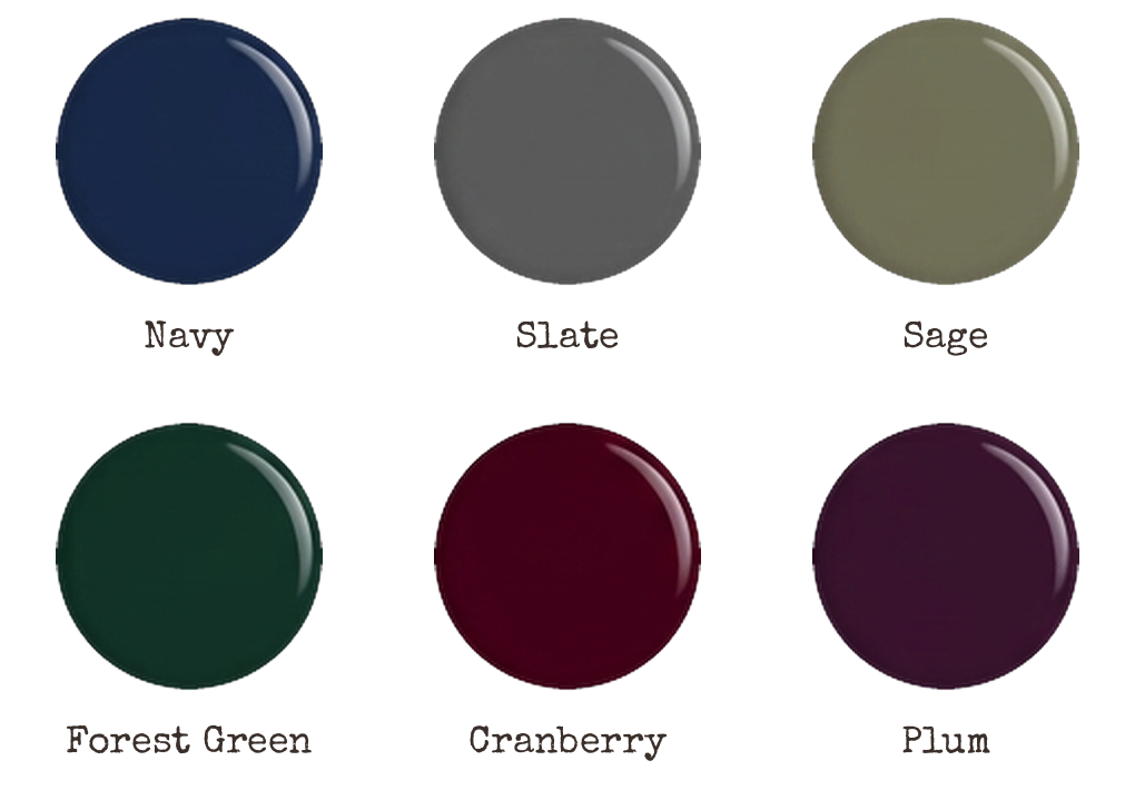 Fall gel colors: Navy, Slate, Sage, Forest Green, Cranberry and Plum