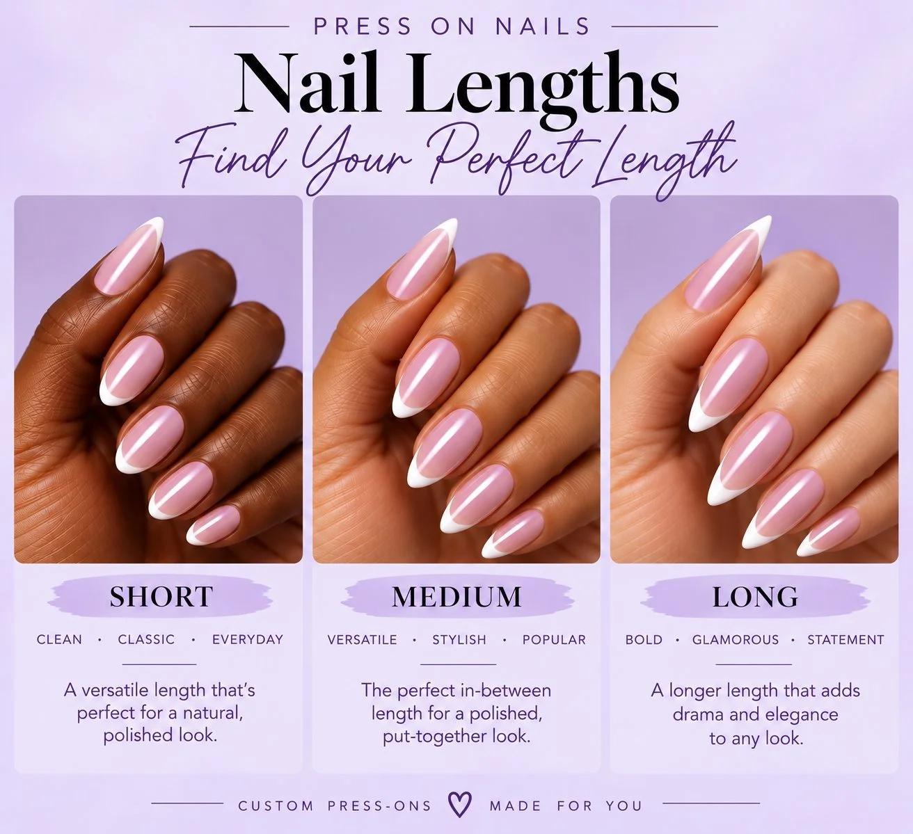 Nail lengths guide: short (clean, classic, everyday), medium (versatile, the polished in-between) and long (bold, glamorous statement length).