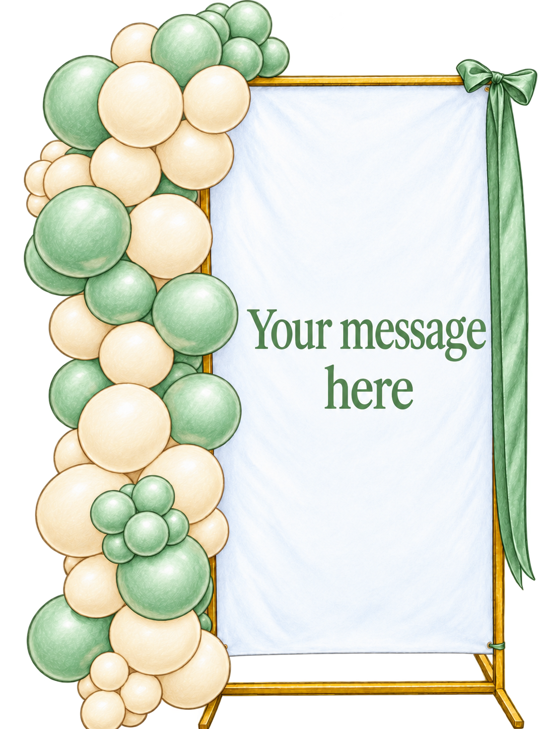Elegant green and cream balloon garland framing a blank white message board with a green bow