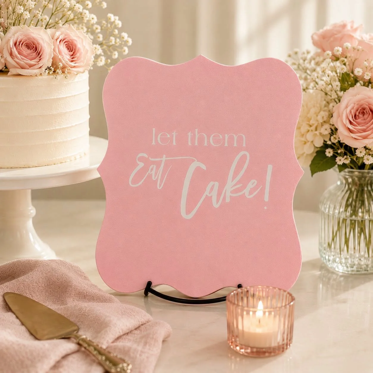 Pink wedding dessert sign reading “Let them Eat Cake!” beside a white cake, blush roses, floral arrangements, serving spatula, and candle