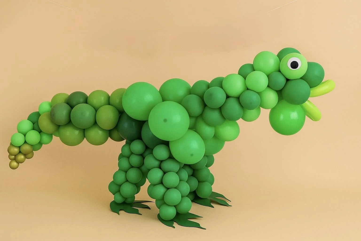 Playful green frog made of clustered spheres, with one large eye and webbed feet, on a peach background