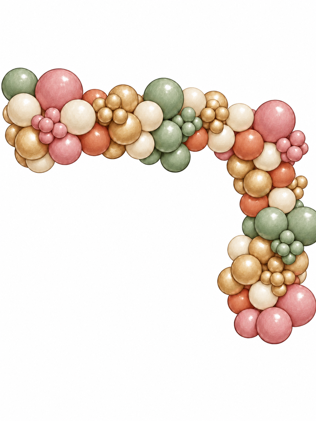 Decorative cluster of pink, green, cream, orange, and gold spheres forming a curved corner on a white background