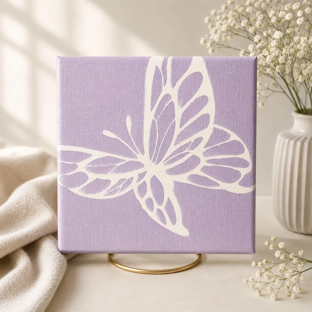 Lavender canvas artwork with a white abstract butterfly on a gold stand, beside a vase of baby's-breath flowers and folded fabric.