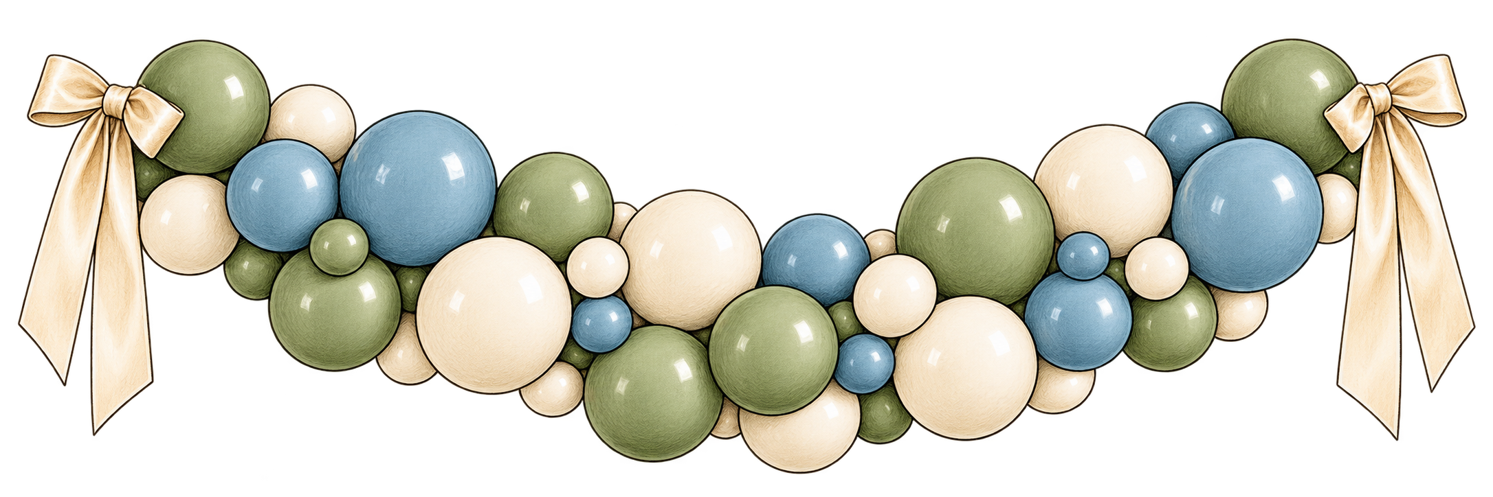 Illustrated garland of green, blue, and cream balloons with cream ribbon bows on both ends