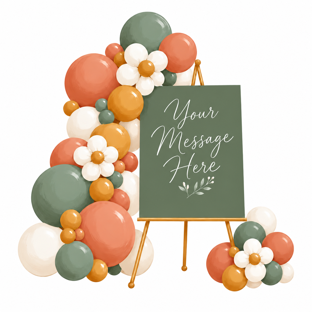 Decorative green easel sign reading “Your Message Here,” surrounded by orange, green, cream, and white balloons and white flowers.