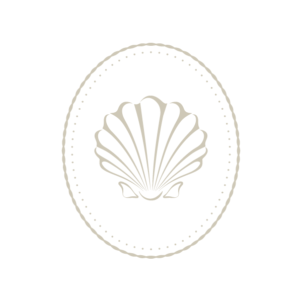A seashell design inside an oval shape with dotted and solid borders.